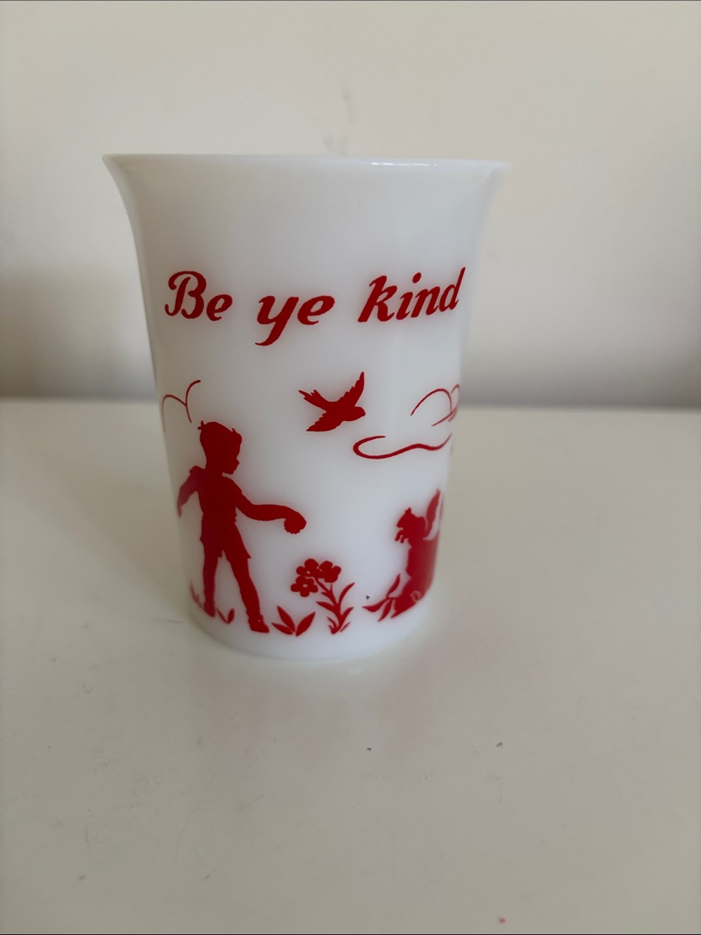 Vintage 1950’s White Milk Glass Tumbler with Red "Be ye kind" Silhouette Design